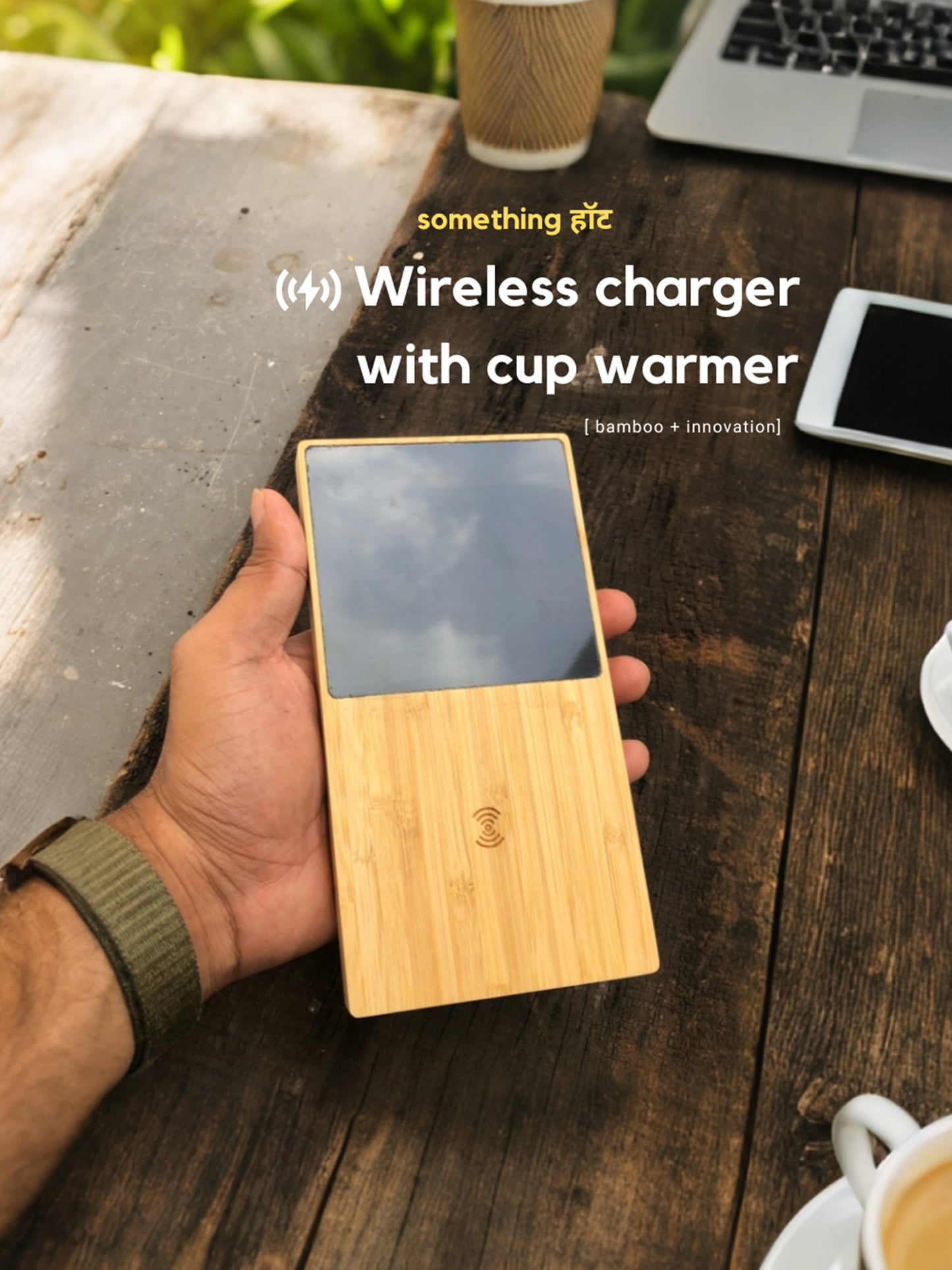 Bamboo wireless charger with a cup warmer