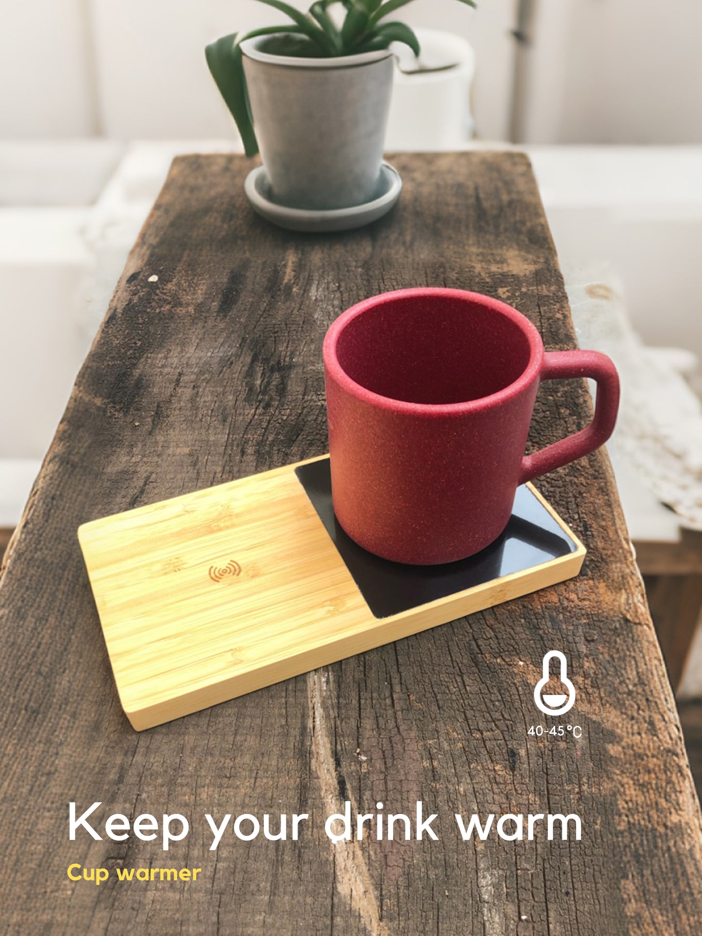 Bamboo wireless charger with a cup warmer