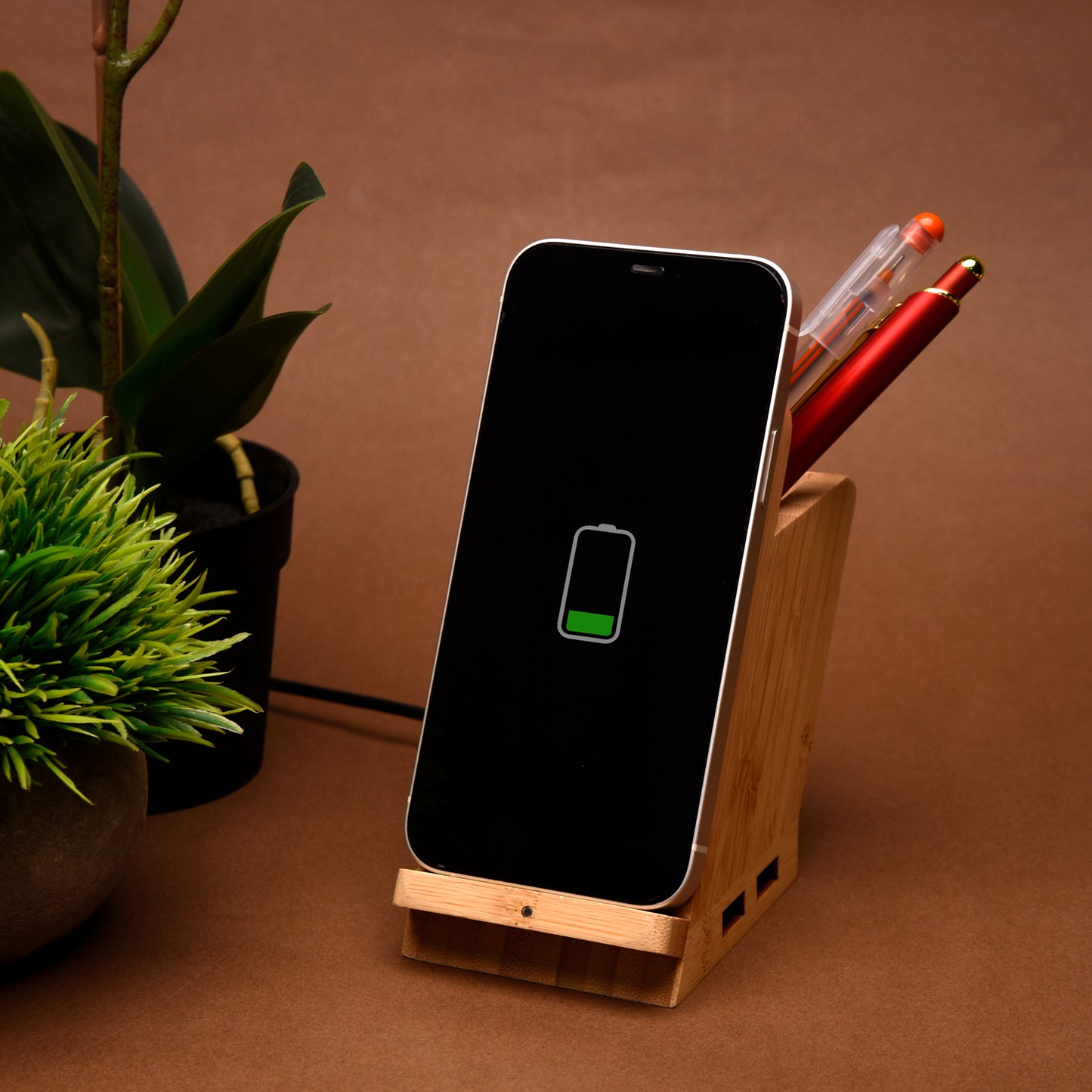 Bamboo Wireless charging with USB dock & pen stand